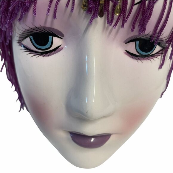 Vintage Porcelain Wall Mask with Purple Beaded Hair Gold Headband - Picture 3 of 4